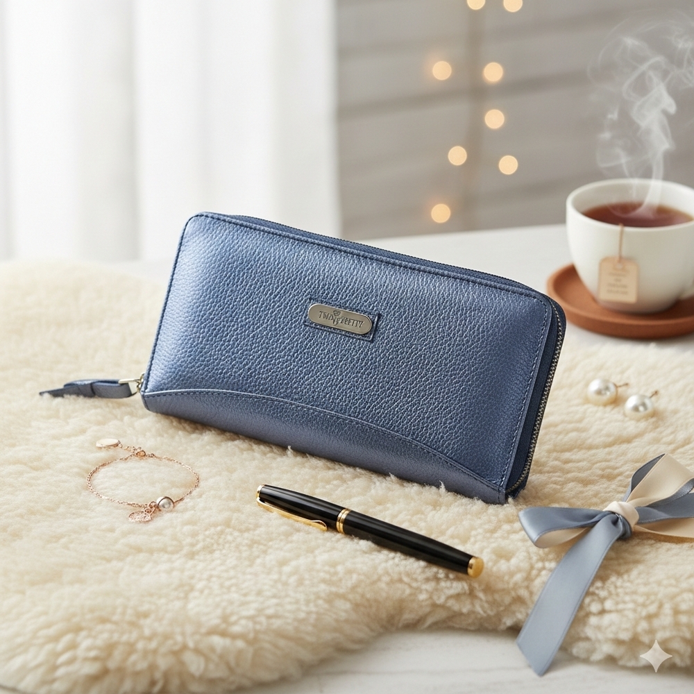 NWT Two Pretty Periwinkle Blue Leather Zip Around Wallet Handcrafted NWT